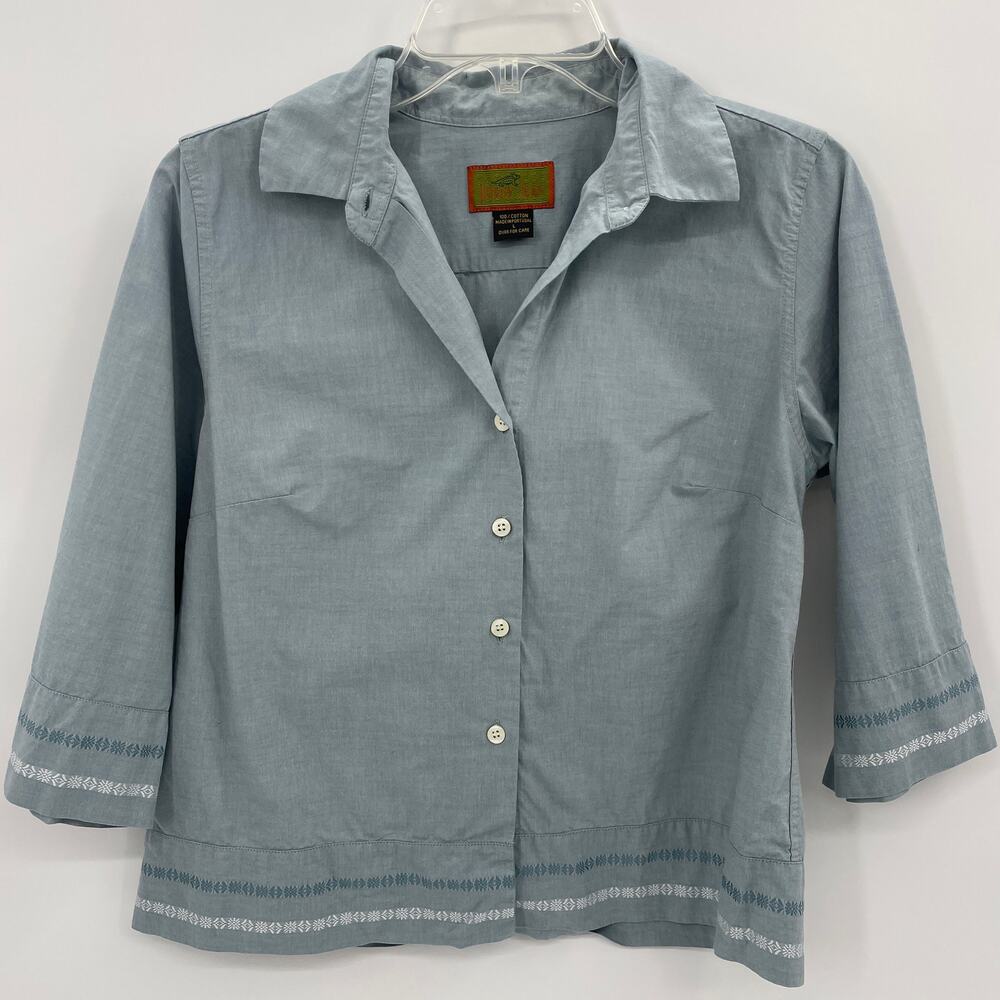 HORNY TOAD Womens Button Up Shirt Size S Cotton Blue 3/4 Sleeve Embroidered